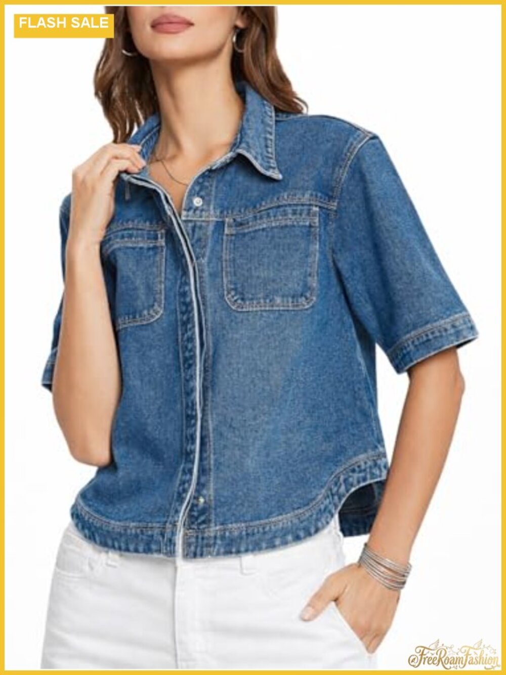 Women Denim Shirt Short Sleeve Button Down Casual Jean Coat Shacket